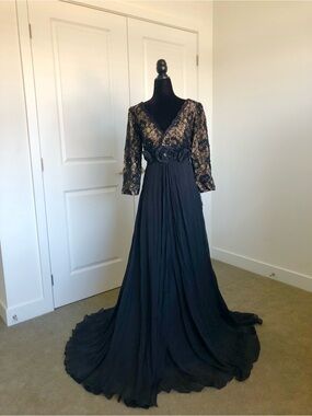 Jovani Black Lace Long Sleeve Evening Gown with Floral Waist